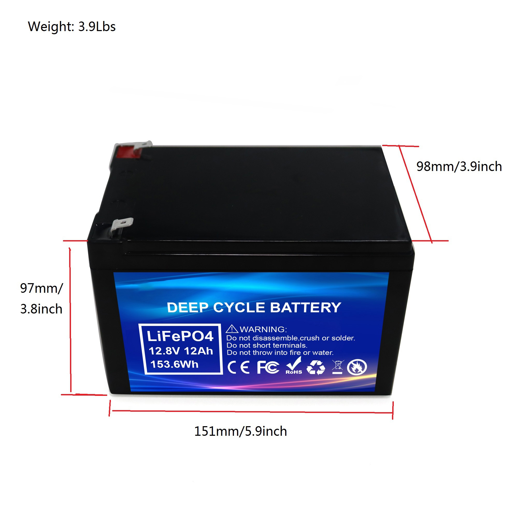 Batería Lifepo4 recargable de ciclo profundo 12.8V 12AH para electrodomésticos