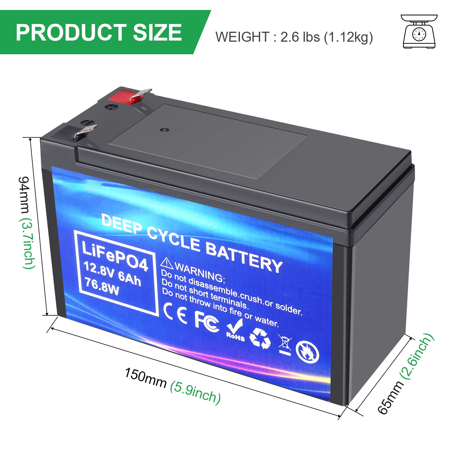 Batería Lifepo4 recargable de ciclo profundo 12.8V 6AH para electrodomésticos